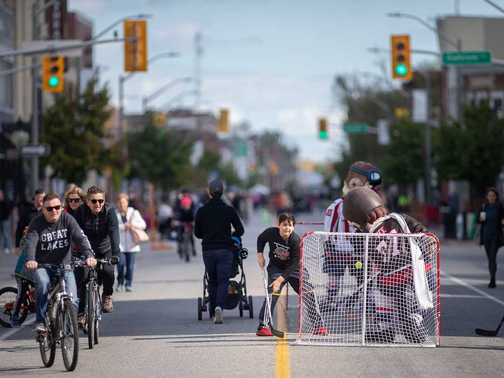  Windsor Spitfires mascots play hockey on Wyandotte Street East during Open Streets Windsor 2021. Photographed Oct. 17, 2021.