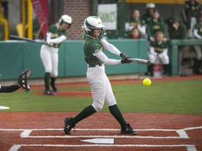 St. Clair's Julia Brusseau grounds out during action at the OCAA softball championship on Saturday.