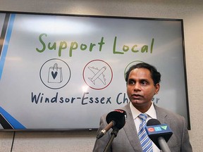 Rakesh Naidu, president and CEO of the Windsor-Essex Regional Chamber of Commerce, announces the launch of the new Support Local campaign on Oct. 13, 2021.