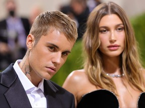 Justin Bieber and Hailey Bieber attend The 2021 Met Gala Celebrating In America: A Lexicon Of Fashion at Metropolitan Museum of Art on Sept. 13, 2021 in New York City.