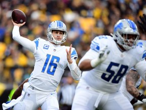 Jared Goff of the Detroit Lions passes the ball in the first quarter against the Pittsburgh Steelers at Heinz Field on November 14, 2021 in Pittsburgh, Pennsylvania.