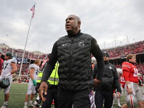 Head coach Mel Tucker of the Michigan State Spartans leaves the field after losing to the Ohio State Buckeyes 56-7 at Ohio Stadium on November 20, 2021 in Columbus, Ohio.