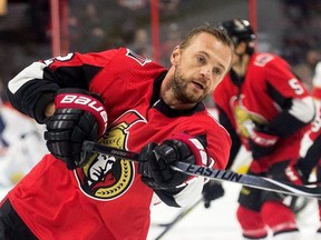 Marian Gaborik in the warm up period as the Ottawa Senators take on the Florida Panthers in NHL action at the Canadian Tire Centre in Ottawa.