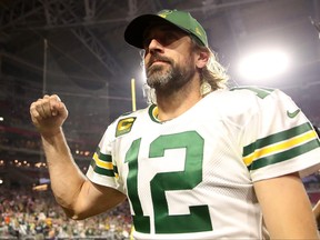 Aaron Rodgers of the Green Bay Packers leaves the field following a game against the Arizona Cardinals at State Farm Stadium on Oct. 28, 2021 in Glendale, Ariz.