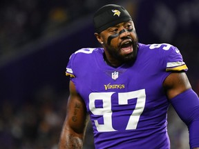 Everson Griffen of the Minnesota Vikings reacts prior to the game against the Dallas Cowboys at U.S. Bank Stadium on Oct. 31, 2021 in Minneapolis, Minn.