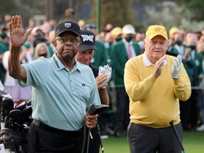 Honorary starters Lee Elder and Jack Nicklaus with South Africa's Gary Player during the ceremonial start on the first day of play of The Masters at Augusta National Golf Club in Augusta, Ga., April 8, 2021.