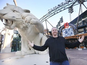 Todd Shearon of Windsor poses in front of Comerica Park in downtown Detroit on Monday, November 8, 2021. He crossed the border into Detroit shortly after midnight to reunite with his American fiancee.