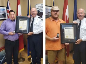 Essex County OPP detachment commander Insp. Glenn Miller gives the Commissioner's Citation for Bravery to Robert Thoms (left) and Kenneth Baker (right) on Monday, Nov. 1, 2021, for their heroic actions to save a neighbour from a burning home in March of 2020.
