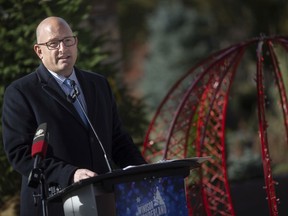 Mayor Drew Dilkens speaks during a press event previewing this year's Bright Lights festival at Jackson Park, on Thursday, Nov. 18, 2021.