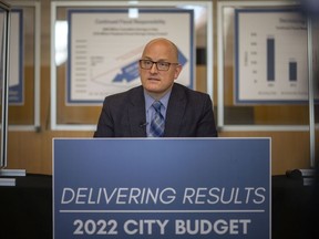 Mayor Drew Dilkens holds a press conference to outline the 2022 municipal budget framework at City Hall, on Friday, Nov. 19, 2021.