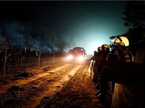 Polish police guard Poland/Belarus border near Kuznica, Poland, in this photograph released by the Police, November 12, 2021.