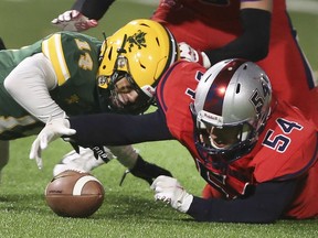 Marcus Cooper, left, of the St. Clair College Fratmen and Toby Gbobaniyi of the London Beefeaters fight for a loose ball on Saturday, Nov. 20, 2021, at Acumen Stadium in Windsor.