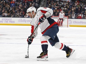 Washington Capitals left wing Alex Ovechkin (8) takes a slap shot during the third period against the Columbus Blue Jackets at Nationwide Arena.