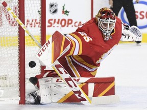 Calgary Flames goalie Jacob Markstrom allows a goal by Winnipeg Jets forward Kyle Connor (not pictured) during the first period at Scotiabank Saddledome. The Jets won 4-2.