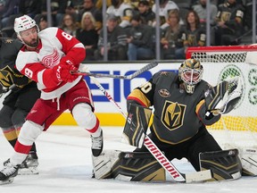 Vegas Golden Knights goaltender Robin Lehner stops a puck deflected by Detroit Red Wings center Sam Gagner during the first period at T-Mobile Arena.