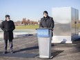 Mayor Drew Dilkens and Ward 9 Coun. Kieran McKenzie, left, hold a press conference to provide an update on the Provincial/Division Corridor, while at Captain John Wilson Park, on Tuesday, Nov. 23, 2021.