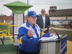 Miracle Park steering committee co-chair, Bill Kell, speaks during a press conference announcing the grand opening date of the park, on Tuesday, Nov. 9, 2021.