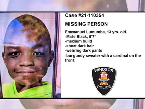 Windsor police are asking for the public's help finding a missing boy, Emmanuel Lumumba, 13, who was last seen at 7:30 a.m. on Thursday, Nov. 18, 2021 in the 1400 block of Bayswater Crescent.