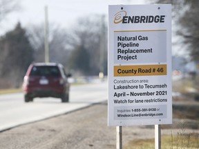 Enbridge Gas recently announced the completion of construction of a new natural gas pipeline that will service residents in Windsor and Essex County. One of the company's signs is shown along County Road 46 in Tecumseh on Tuesday, November 30, 2021.