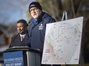 Mayor Drew Dilkens provides an update on parks infrastructure spending at Cora Greenwood Park, on Monday, Nov. 29, 2021.