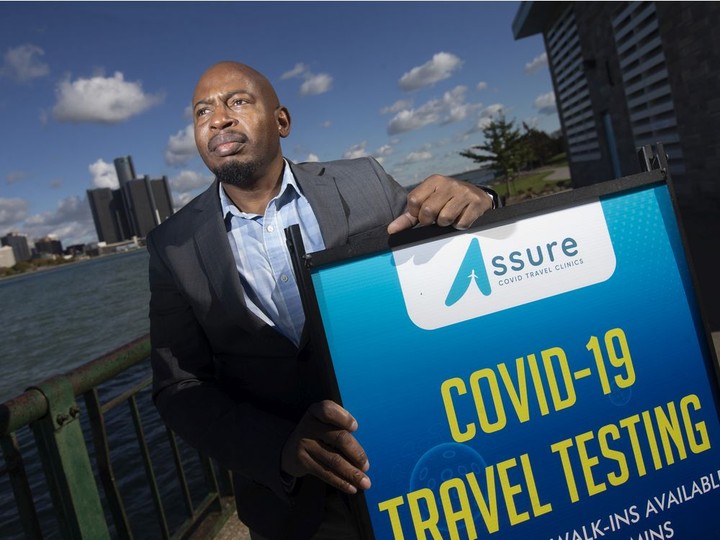  Phllip Olla, executive director of Assure Clinics, a new company established to help Canadians get set up in Detroit for cheaper and quicker PCR testing, is pictured at the waterfront, on Wednesday, Nov. 3, 2021.