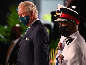 Prince Charles attends the Presidential Inauguration Ceremony at Heroes Square on November 29, 2021 in Bridgetown, Barbados.