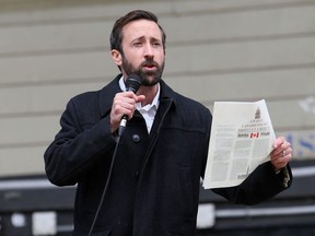 Derek Sloan speaks at an anti-lockdown protest at Tecumseh Park in Chatham, Ont., on Monday, April 26, 2021. (Mark Malone/Chatham Daily News)