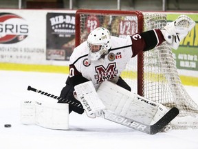 Chatham Maroons goalie Luka Dobrich makes a save against the Komoka Kings at Chatham Memorial Arena in Chatham, Ont., on Sunday, Nov. 14, 2021. Mark Malone/Chatham Daily News/Postmedia Network