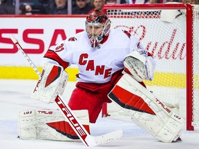 Carolina Hurricanes goaltender Frederik Andersen (31) guards his net against the Calgary Flames at Scotiabank Saddledome.