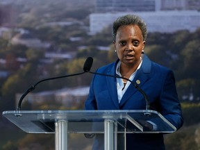 Chicago mayor Lori Lightfoot speaks during the groundbreaking ceremony for the Obama Presidential Center at Jackson Park on September 28, 2021 in Chicago, Illinois. (Photo by KAMIL KRZACZYNSKI/AFP via Getty Images)