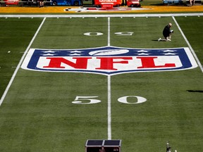 A general view of the NFL Shield logo on the field before Super Bowl LV between the Tampa Bay Buccaneers and the Kansas City Chiefs at Raymond James Stadium in Tampa, Fla., Feb. 7, 2020.