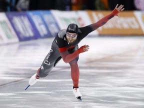 Laurent Dubreuil of Canada races in the men’s 500m race during the ISU World Cup Long Track Speedskating competition at Utah Olympic Oval in Salt Lake City, Sunday, Dec. 5, 2021.