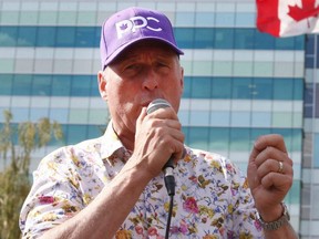 People’s Party of Canada leader Maxime Bernier speaks to the crowd during a rally at Central Memorial Park in Calgary, Sept. 18, 2021.