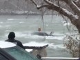 The Coast Guard attempts to recover the body of a woman from a vehicle stranded in the Niagara River on Wednesday.