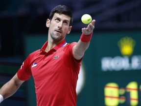 Serbia's Novak Djokovic in action during his match against Germany's Jan-Lennard Struff at a Davis Cup Group F match at Olympiahalle, Innsbruck, Austria, Nov. 27, 2021.