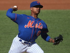 New York Mets pitcher Marcus Stroman throws during a simulated game at Citi Field.