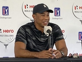 Tiger Woods holds his first press conference since his Feb. 23 car crash in Los Angeles at the Hero World Challenge golf tournament in Nassau, Bahamas, Tuesday, Nov. 30, 2021.
