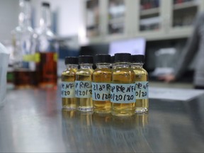 Samples of rye whisky rapidly matured by Bespoken Spirits sit in the company’s lab in Menlo Park, Calif., Oct. 20, 2021.