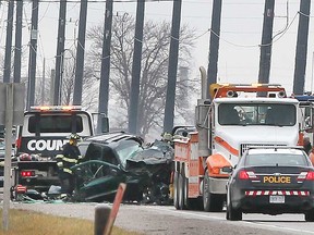 The scene of a fatal collision between two vehicles on Highway 77 north of County Road 14 in the area of Leamington on the morning of Dec. 3, 2021.