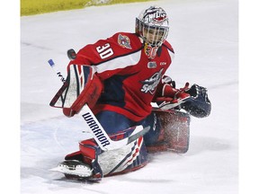 Windsor Spitfires' goalie Xavier Medina made 23 saves, including 11 in the third period, to help the club to a 5-2 road win over the West Division-leading Sault Ste. Marie Greyhounds on Saturday.