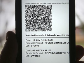 Photo illustration of an Ontario QR code proof of COVID-19 vaccination status on Wednesday, December 29, 2021.
