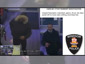 Windsor police are looking for a male suspect accused of robbing a restaurant in the 100 block of Erie Street East at around 8:45 p.m. on Dec. 8, 2021.
