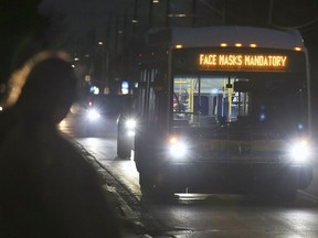 A Transit Windsor bus approaches a stop on Lauzon Road on Tuesday, November 30, 2021.