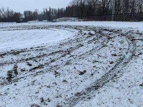 Stratford police are investigating damage to the King Field at the Canadian Baseball Hall of Fame and Museum in St. Marys. Police say it appears a pickup truck was driven in circles, leaving deep tire ruts. (Submitted photo)