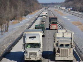A convoy protesting vaccine mandates for truckers will pass through Southwestern Ontario Thursday. Protesters plan to leave Windsor and Sarnia in the morning and reach Kingston by the end of the day. (Todd Hambleton/Postmedia Network)