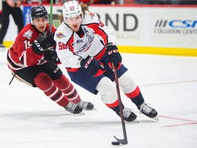 Windsor Spitfires' defenceman Andrew Perrott is chased by Guelph Storm forward Matt Poitras during Friday's game at the Sleeman Centre in Gueph. Photo credit: Tony Saxon/GuelphToday