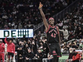 Toronto Raptors forward Pascal Siakam (43) reacts after shooting a three-point basket late in the fourth quarter during the game against the Milwaukee Bucks at Fiserv Forum.