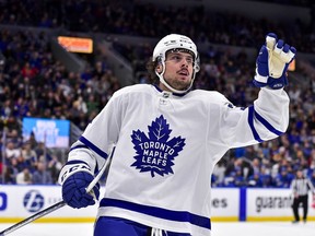 Maple Leafs centre Auston Matthews reacts after scoring a game-tying goal against the St. Louis Blues on Saturday night. If Matthews scores in the Leafs’ next game, in New York against the Rangers on Wednesday, he will have at least one goal in 11 consecutive road games.