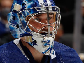 Jack Campbell of the Toronto Maple Leafs keeps his eyes on the puck during the first period at the Scotiabank Arena on November 12, 2021 in Toronto, Ontario