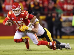 Patrick Mahomes of the Kansas City Chiefs is sacked in the NFC Wild Card Playoff game at Arrowhead Stadium on Jan. 16, 2022 in Kansas City, Miss.
